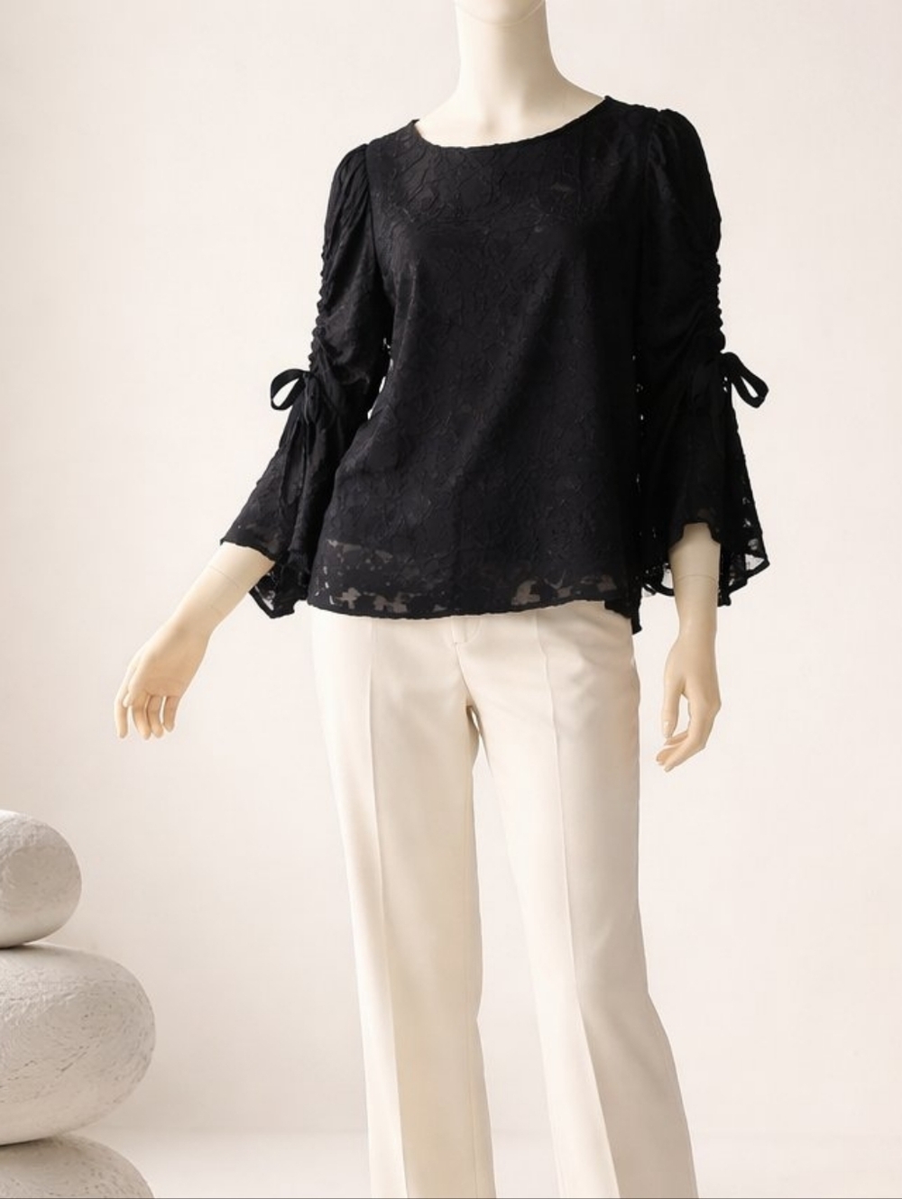 House of Harlow 1960 Black Lace Tie-Sleeve Blouse